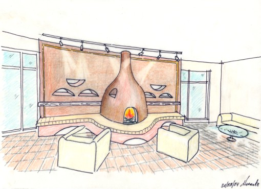 Illustration: Perspektive Lehmbau Kamin, Eingangsfoyer Illustration: Perspektive Lehmbau Kamin, Eingangsfoyer