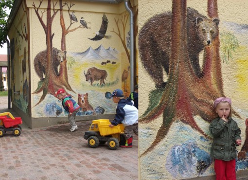 Fassadenmalerei: Amerika mit Bären, Bison, Adler