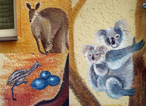 Fassadenmalerei: Tiere Australiens, Känguru und Koalabären