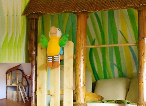 Wandmalerei: Dschungel, Detailaufnahme vom Ausguck, kleines Bild zeigt das Kinderzimmer vorher