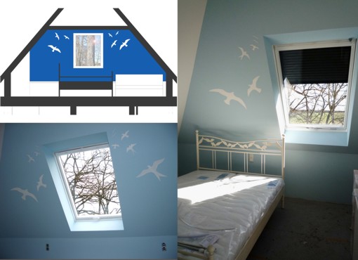 Wandmalerei: Vögel, Jugendzimmer, bei Schwerin, 2009 Wandmalerei: Vögel, Jugendzimmer, bei Schwerin, 2009