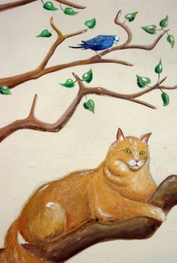 Wandmalerei: Katze, Wellensittich Wandmalerei: Katze, Wellensittich