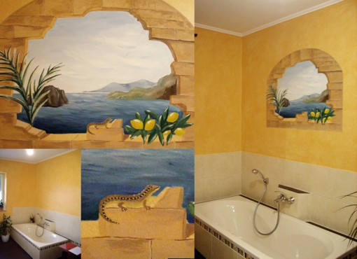 Illusionsmalerei: Mediterraner Meeresblick, Badezimmer Illusionsmalerei: Mediterraner Meeresblick, Badezimmer