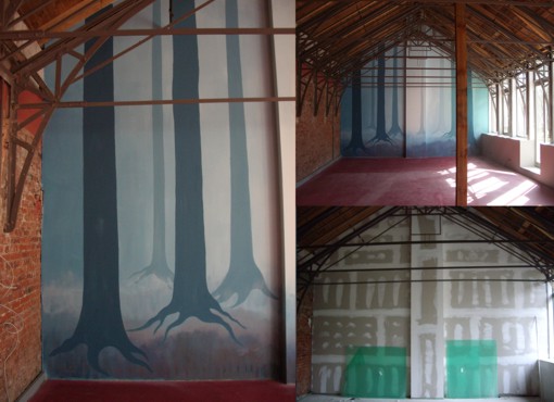 Wandmalerei: Buchenwald im Morgennebel, innerhalb der Ausstellung: Erlebniswelt Natur in Mecklenburg-Vorpommern, im Warmhaus, BUGA 2009, Schwerin Wandmalerei: Buchenwald im Morgennebel, innerhalb der Ausstellung: Erlebniswelt Natur in Mecklenburg-Vorpommern, im Warmhaus, BUGA 2009, Schwerin